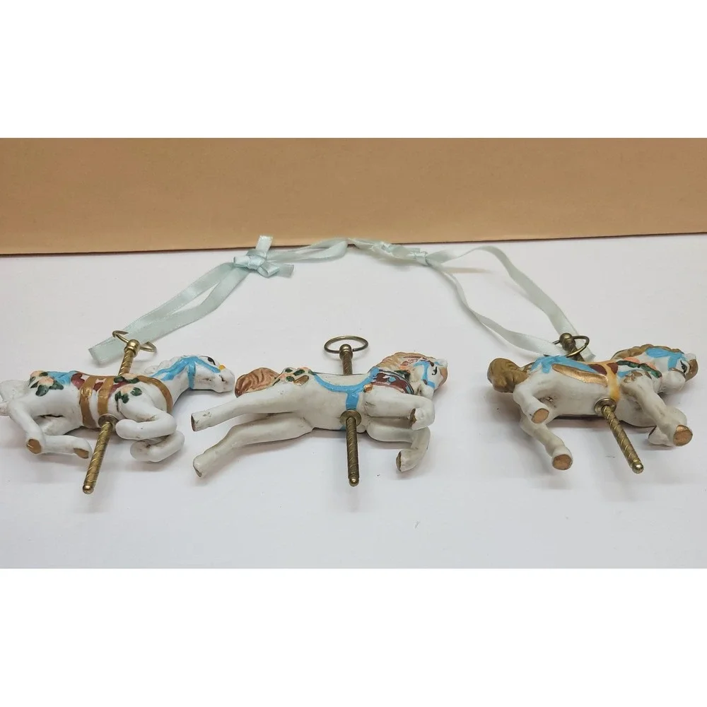 Vintage Ceramic Carousel Horse Ornaments Set of 3 Hand Painted Pastel Gold 4in